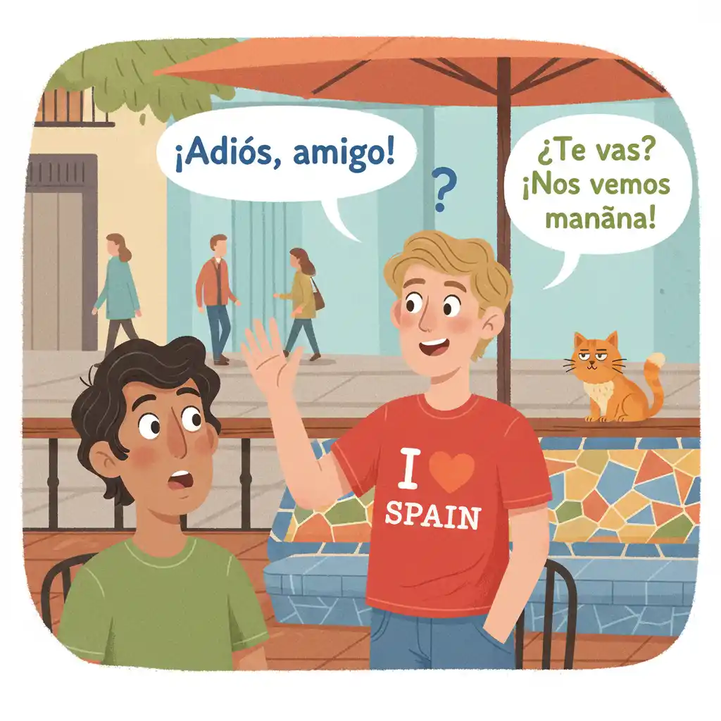ommon mistake: using ‘adiós’ to say goodbye to a friend in Spain — with funny illustration of person looking shocked
