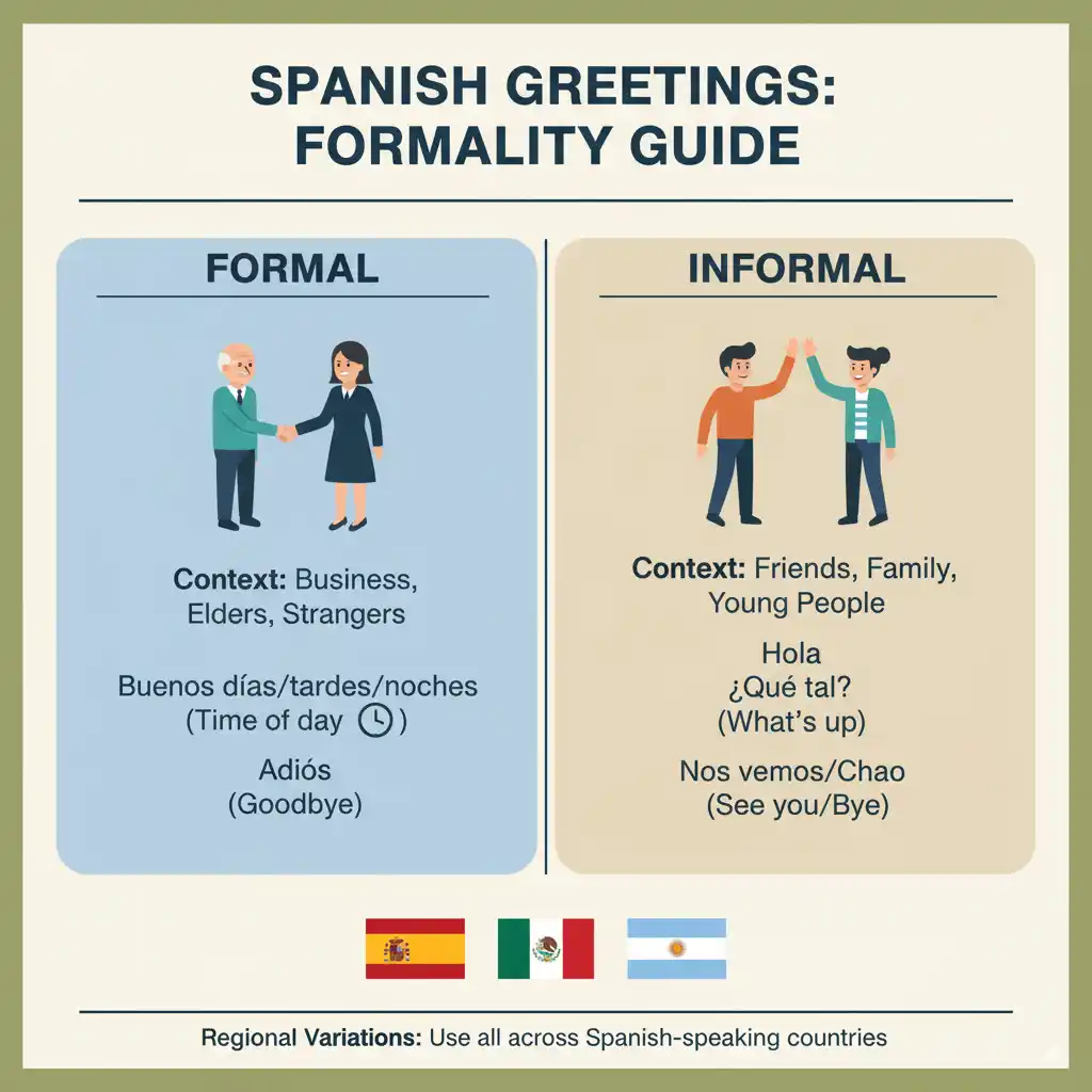nfographic comparing formal and informal Spanish greetings by context and region