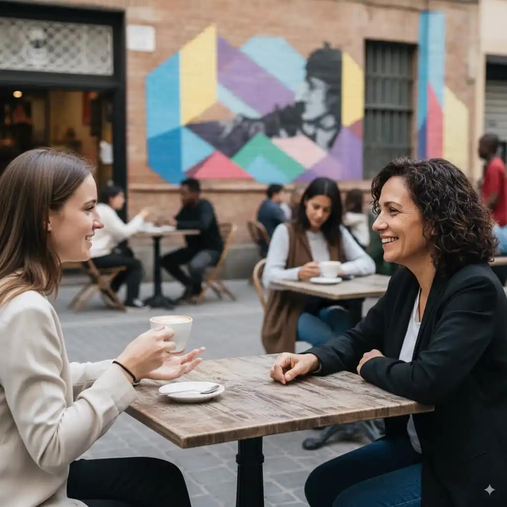 Anglophone learner using Spanish greetings correctly in a real conversation with native speaker in Madrid