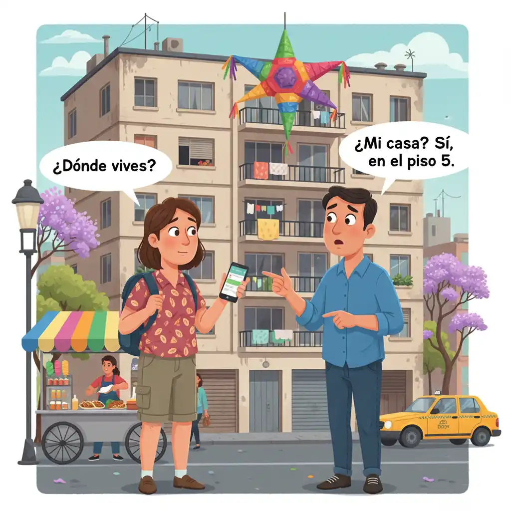Foreigner asks ‘¿Dónde vives?’ — person points to apartment building, confused. Speech bubble: ‘¿Mi casa? Sí, en el piso 5.