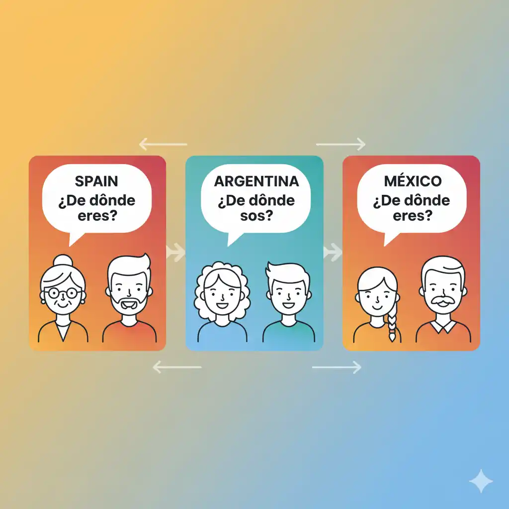 Infographic comparing how to say ‘Where are you from?’ in Spain, Argentina, Mexico — with flags, speech bubbles, and icons of people.