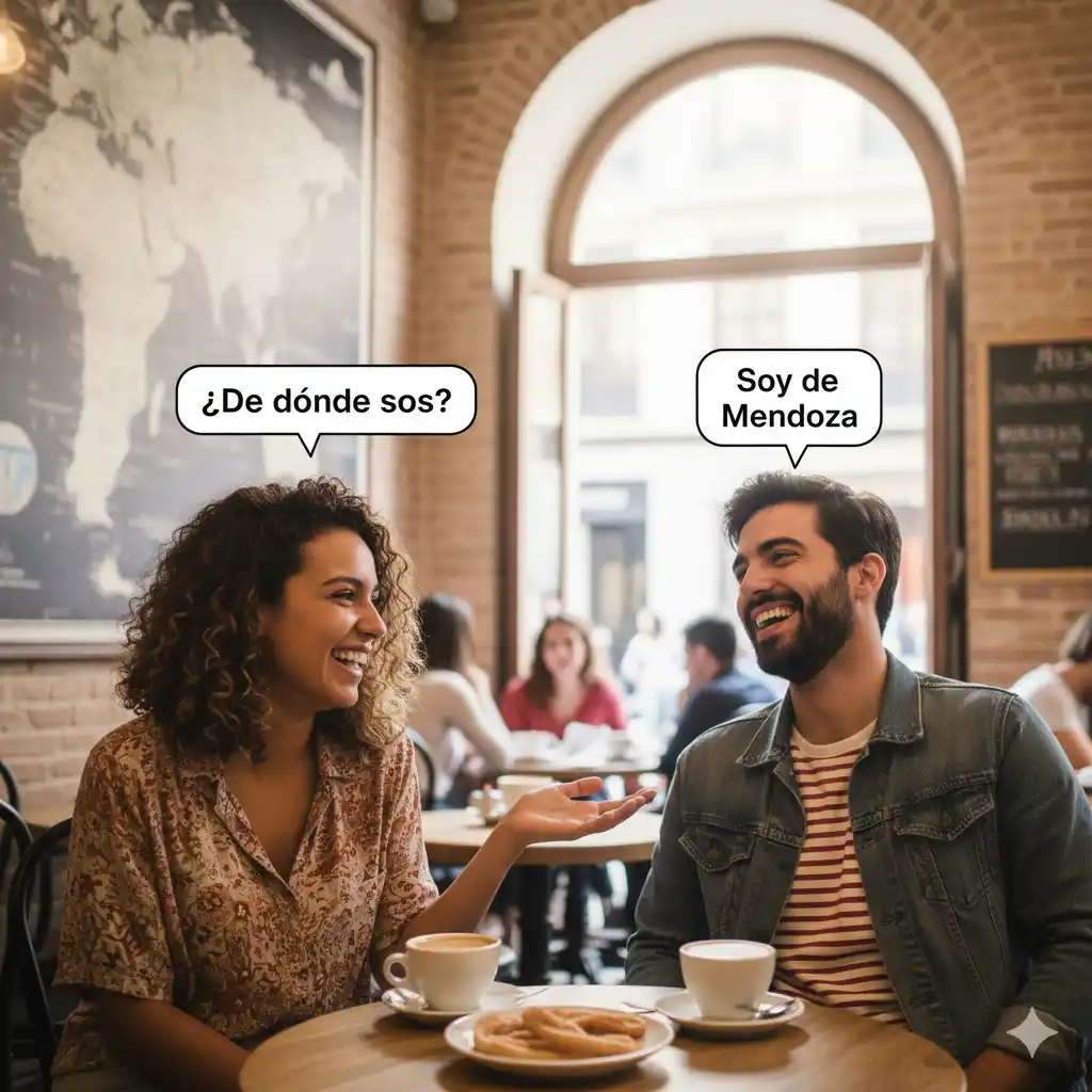 Two friends laughing in a Madrid café — one asks ‘¿De dónde sos?’ — the other smiles and points to a map of Argentina.